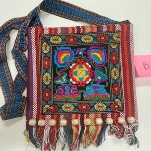 Multicolor Embroidered Bead & Fringe Boho Cross Body Bag Purse B